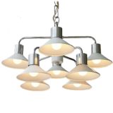 Massive Belgium 8-Arm chandelier white conical lampshades chrome folded rods & chain 8 E27 sockets 1970s