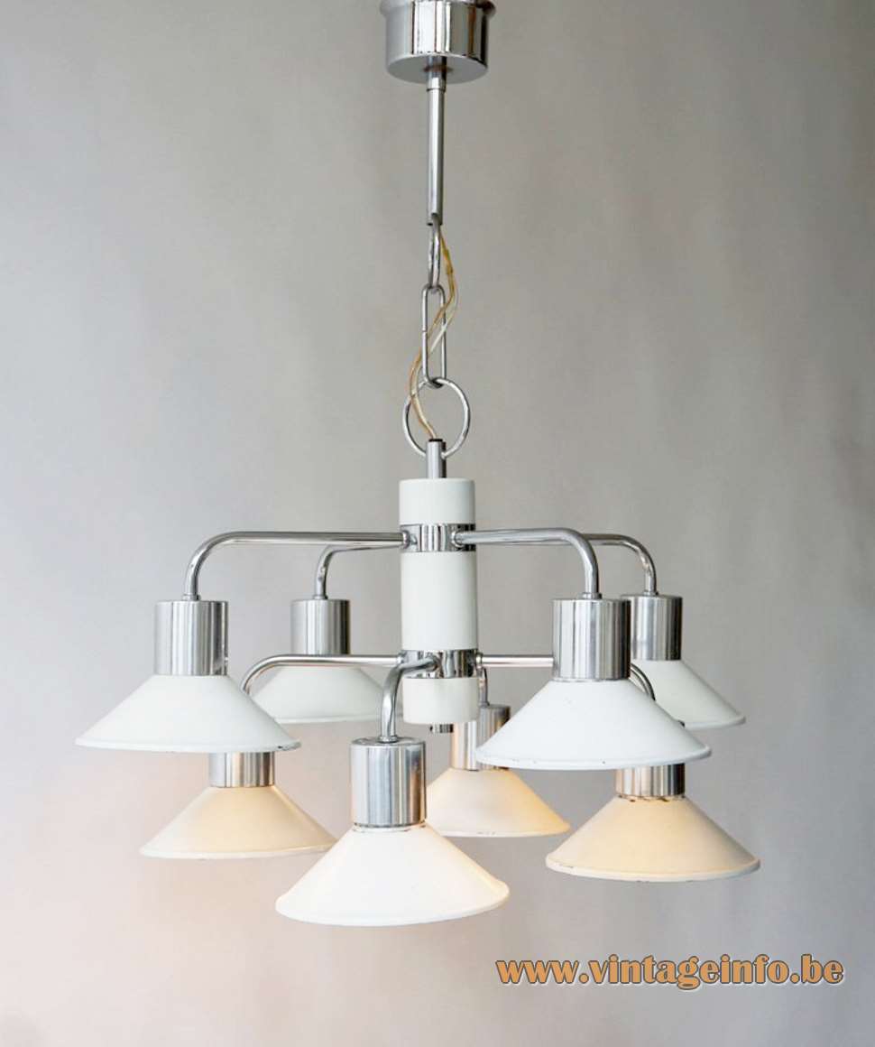 Massive Belgium 8-Arm chandelier white conical lampshades chrome folded rods & chain 8 E27 sockets 1970s