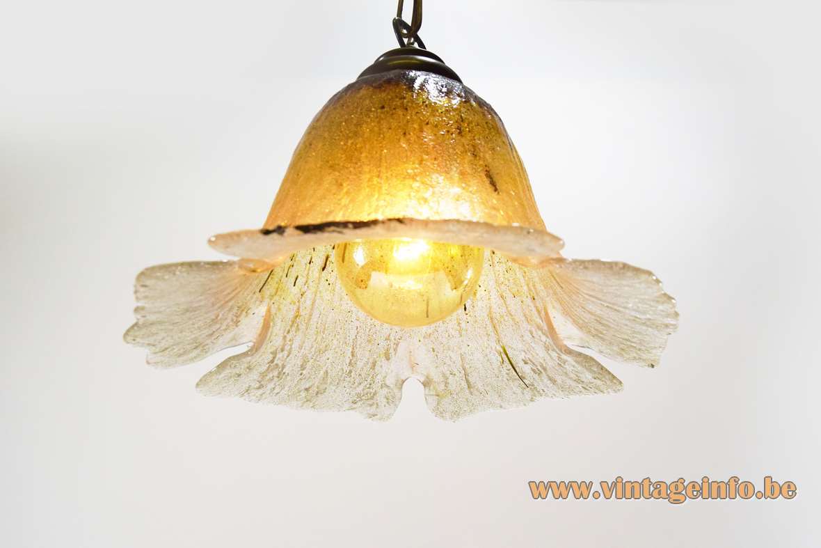 Peill + Putzler daylily pendant lamp brown-yellow & clear embossed flower glas brass chain 1970s 1980s