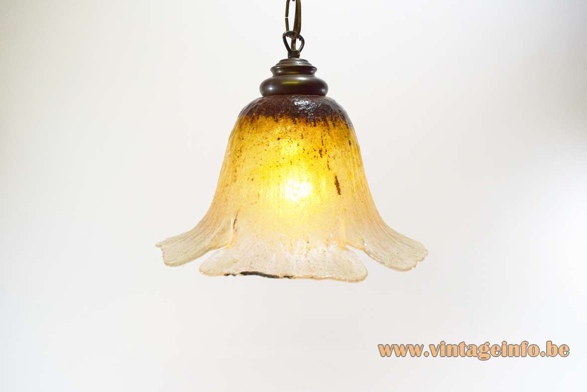 Peill + Putzler daylily pendant lamp brown-yellow & clear embossed flower glas brass chain 1970s 1980s
