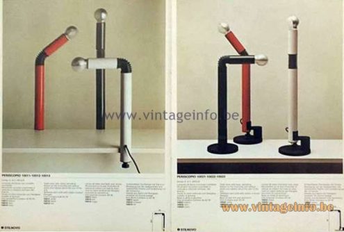 Stilnovo Periscopio table lamp 1970s catalogue picture several other versions; clamp lamp desk lamp red black white