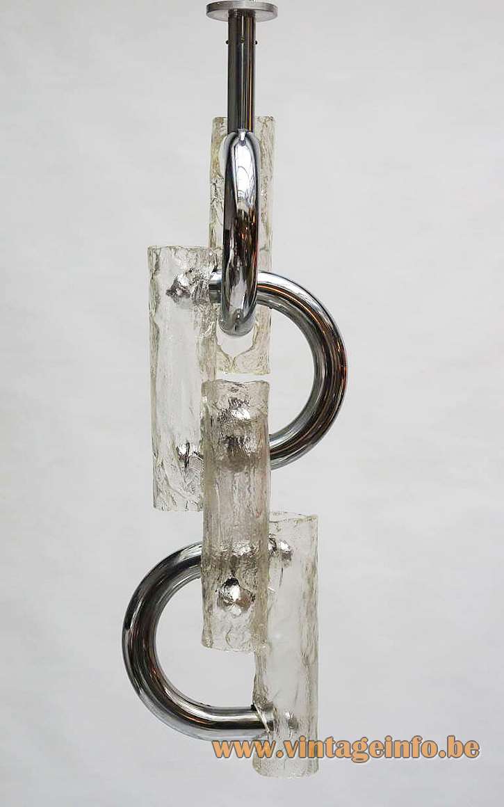 Stilux Milan chain chandelier chrome curved metal rods 4 embossed Murano glass tubes 8 sockets 1970s