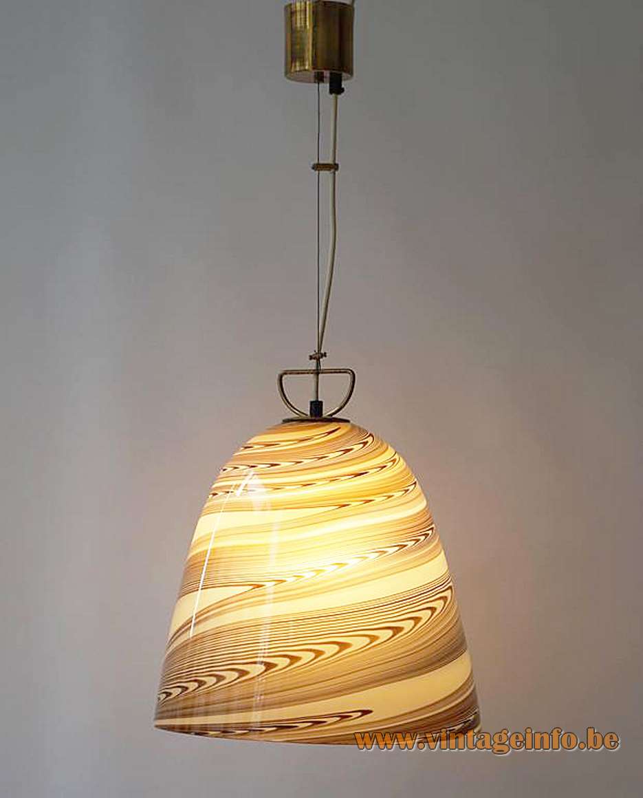 Stracciatella Murano bell pendant lamp chocolate brown swirl striped white glass Kalmar Franken Mazzega 1960s 1970s 