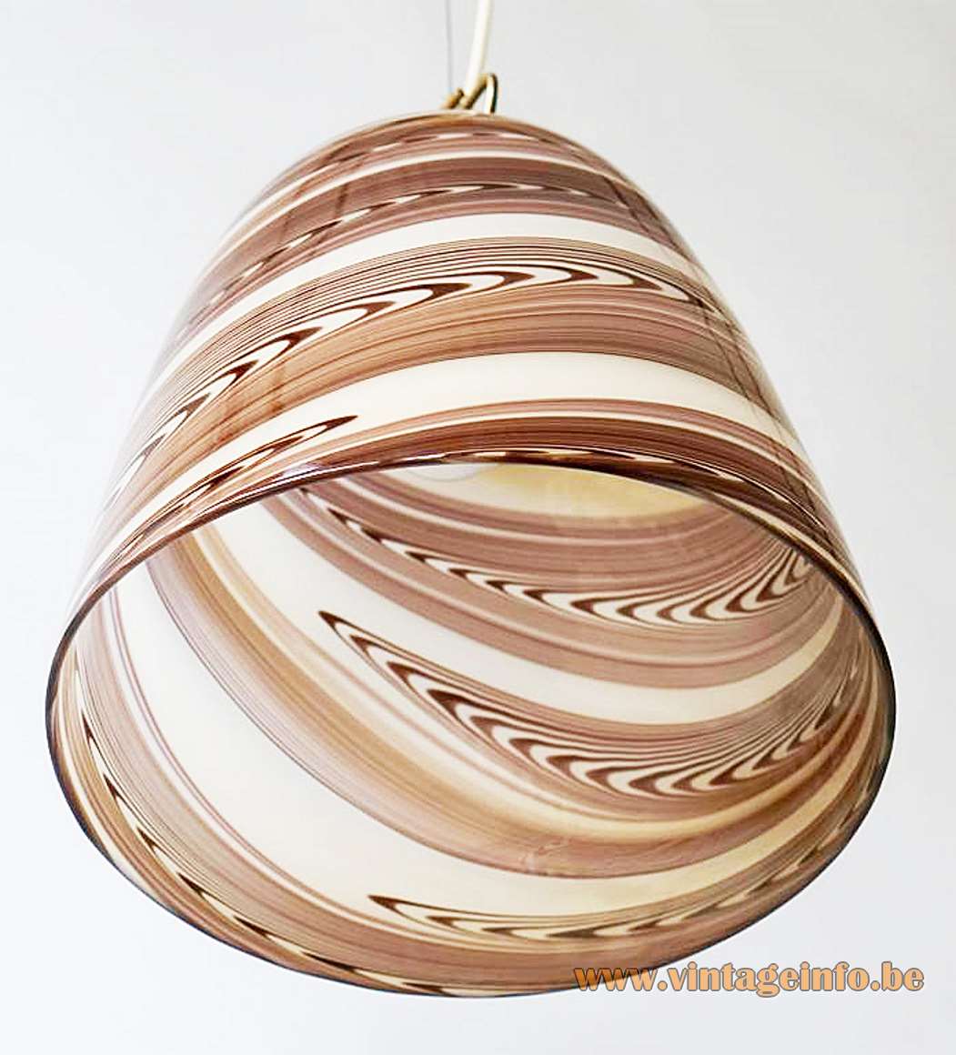 Stracciatella Murano bell pendant lamp chocolate brown swirl striped white glass Kalmar Franken Mazzega 1960s 1970s 