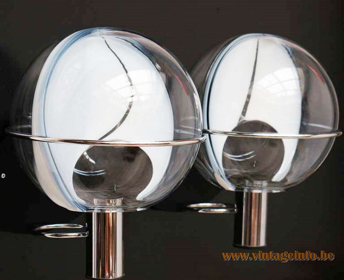 Toni Zuccheri Membrane wall lamps Murano clear white glass globe chrome tube Venini Italy 1960s 1970s