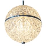 Val Saint Lambert globe pendant lamp crystal faceted glass chrome ring chain VSL Massive Belgium 1960s