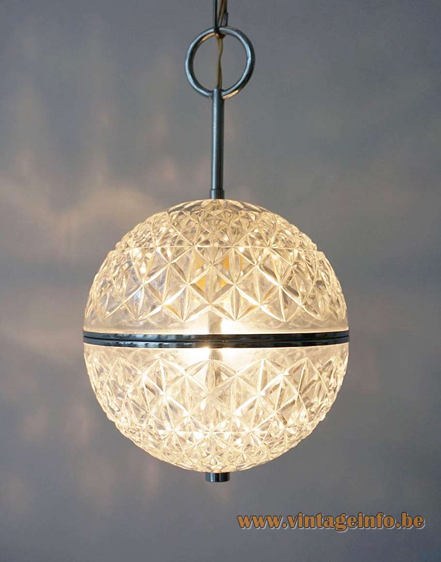 Val Saint Lambert globe pendant lamp crystal faceted glass chrome ring chain VSL Massive Belgium 1960s