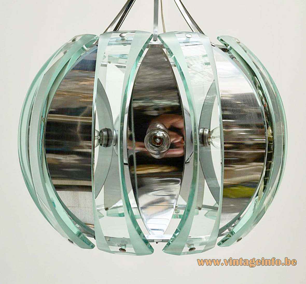 Veca 1960s chrome & green glass chandelier curved slats metal chain E27 socket 1970s Fontana Arte Italy