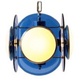 Veca 1960s white & blue glass chandelier chrome frame tubes chain cut glass discs Fontana Arte 1970s