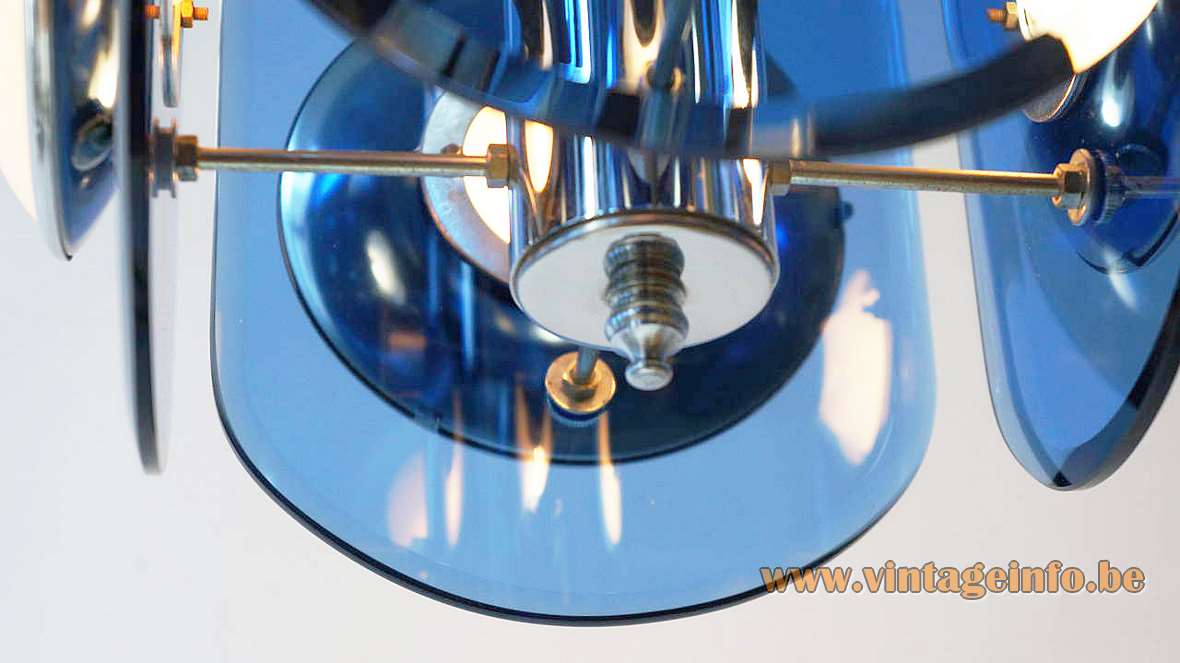 Veca 1960s white & blue glass chandelier chrome frame tubes chain cut glass discs Fontana Arte 1970s