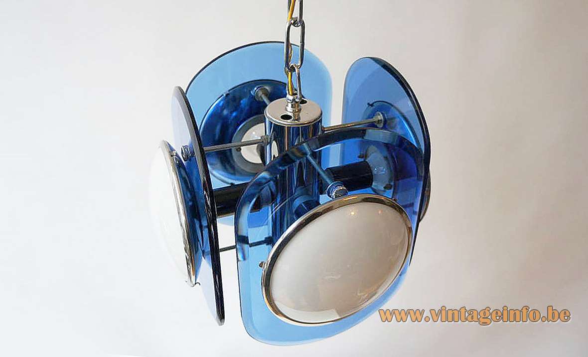 Veca 1960s white & blue glass chandelier chrome frame tubes chain cut glass discs Fontana Arte 1970s