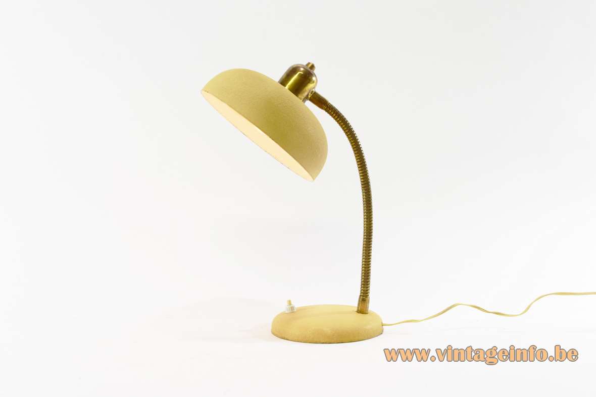 1950s Banana yellow desk lamp wrinkle paint brass gooseneck round base lampshade 1960s Aluminor France