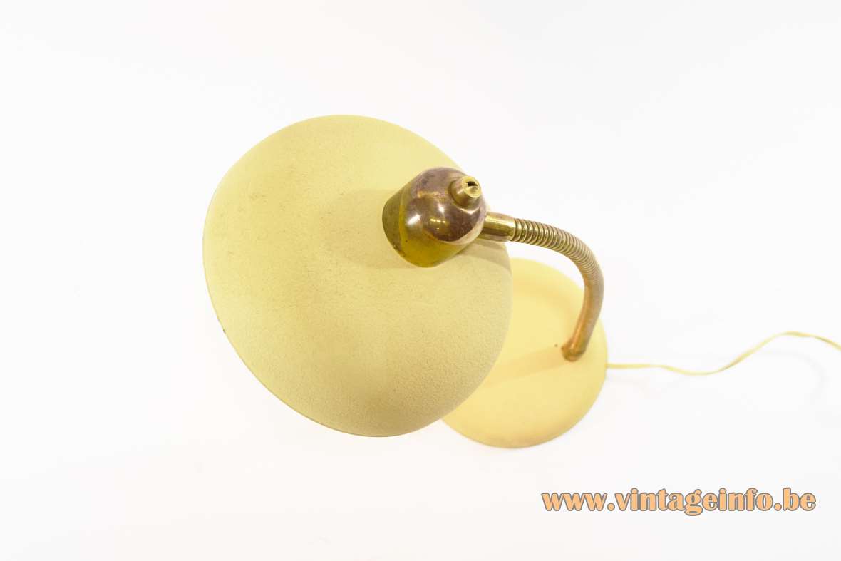 1950s Banana yellow desk lamp wrinkle paint brass gooseneck round base lampshade 1960s Aluminor France
