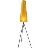 1950s fibreglass tripod floor lamp orange-yellow conical tube black iron rods 1960s Novoplast Czech Republic