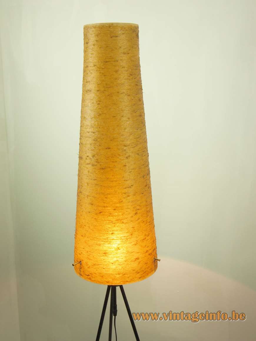 1950s fibreglass tripod floor lamp orange-yellow conical tube black iron rods 1960s Novoplast Czech Republic