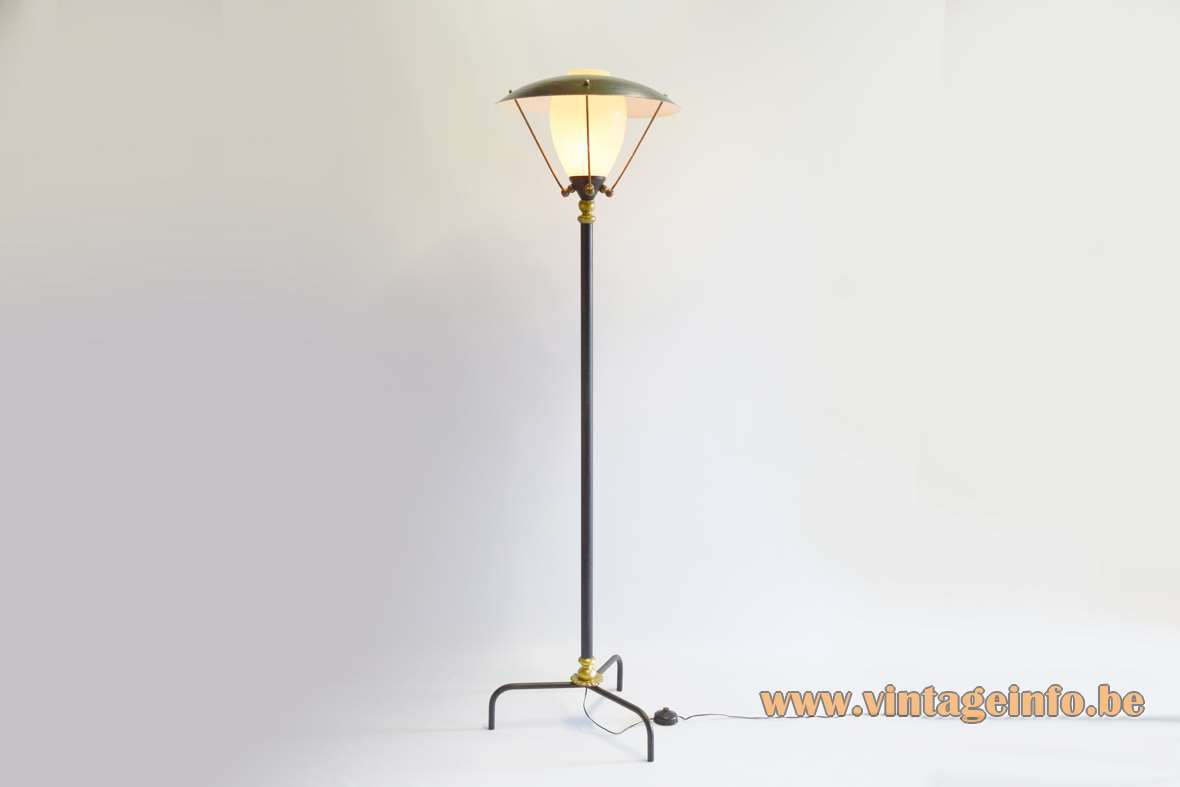 1950s lamp post floor lamp tripod base iron rod moulded brass decoration striped glass 1960s Belgium