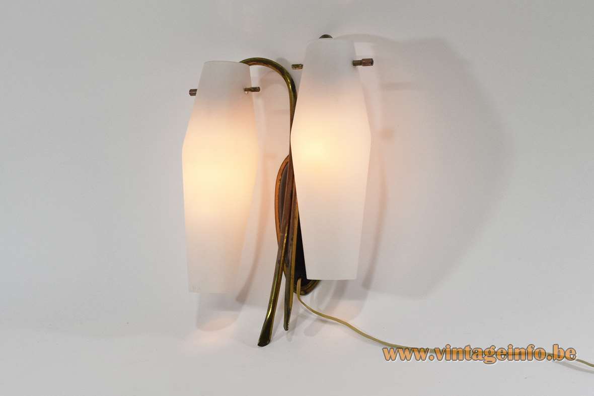 1950s lampion wall lamp lantern style diamond shaped opal glass curved brass rods oval wall mount 1960s Massive Belgium