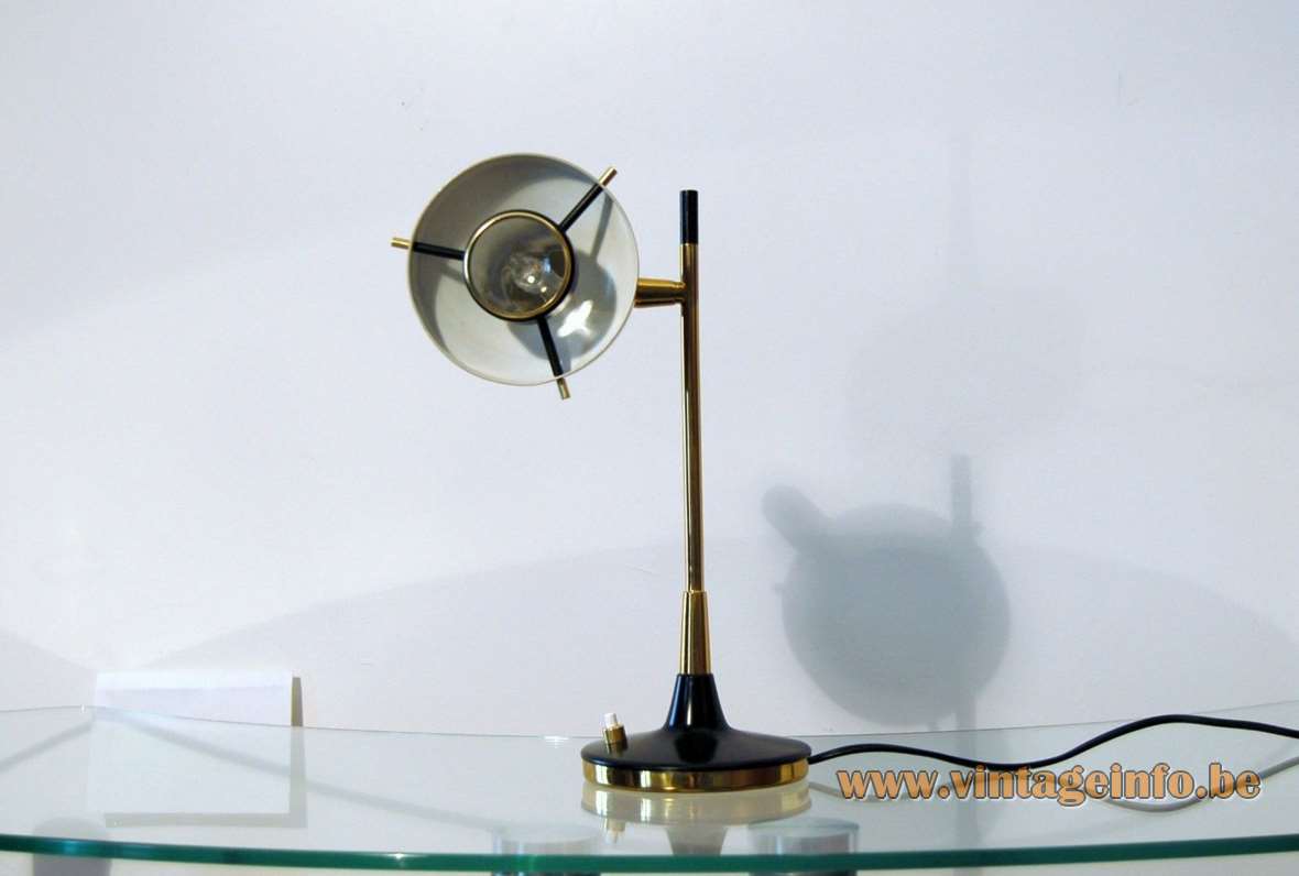 Oscar Torlasco table lamp 533 black brass base ochre lampshade optic lens 1950s 1960s Lumi Italy