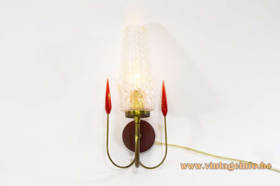 1950s spearhead wall lamps curved brass rods red acrylic arrow heads embossed glass lampshades Lunel France 