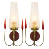 1950s spearhead wall lamps curved brass rods red acrylic arrow heads embossed glass lampshades Lunel France