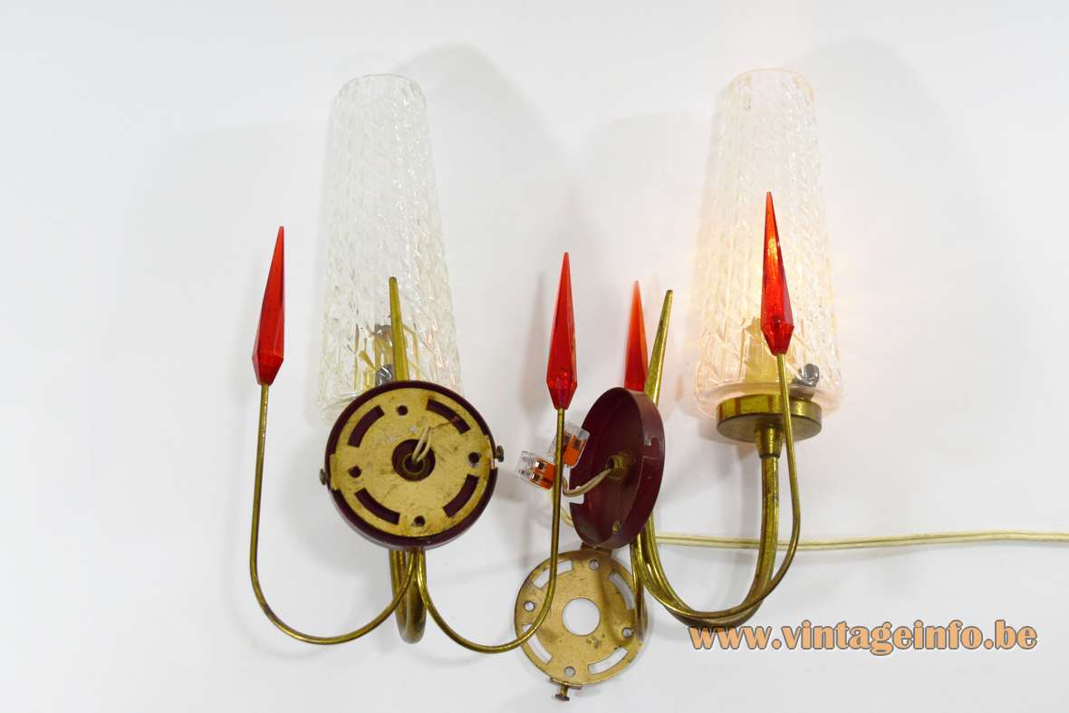 1950s spearhead wall lamps curved brass rods red acrylic arrow heads embossed glass lampshades Lunel France 