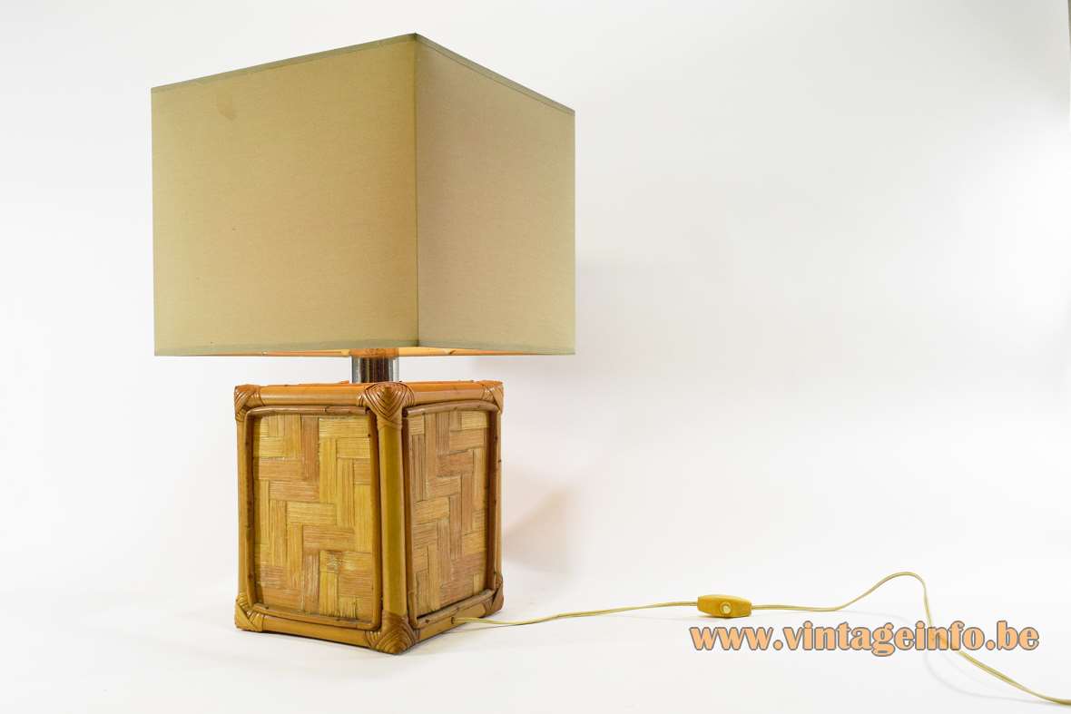 1960s bamboo cube table lamp wicker reed rattan cane box square lampshade 1970s Mid-Century Modern MCM