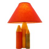 1960s 3 pencils table lamp red green yellow wood conical red fabric lampshade WL label A/S Elektrokontakt switch MCM Norway