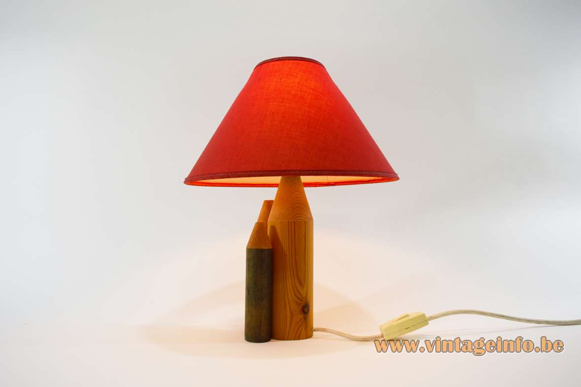 1960s 3 pencils table lamp red green yellow wood conical red fabric lampshade WL label A/S Elektrokontakt switch MCM Norway