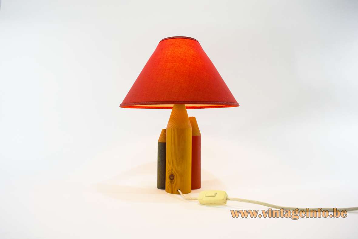 1960s 3 pencils table lamp red green yellow wood conical red fabric lampshade WL label A/S Elektrokontakt switch MCM Norway
