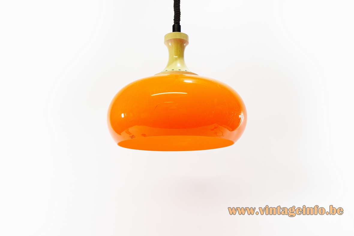 1970s orange acrylic rise & fall pendant lamp mushroom lampshade Zonca International Spa Italy MCM