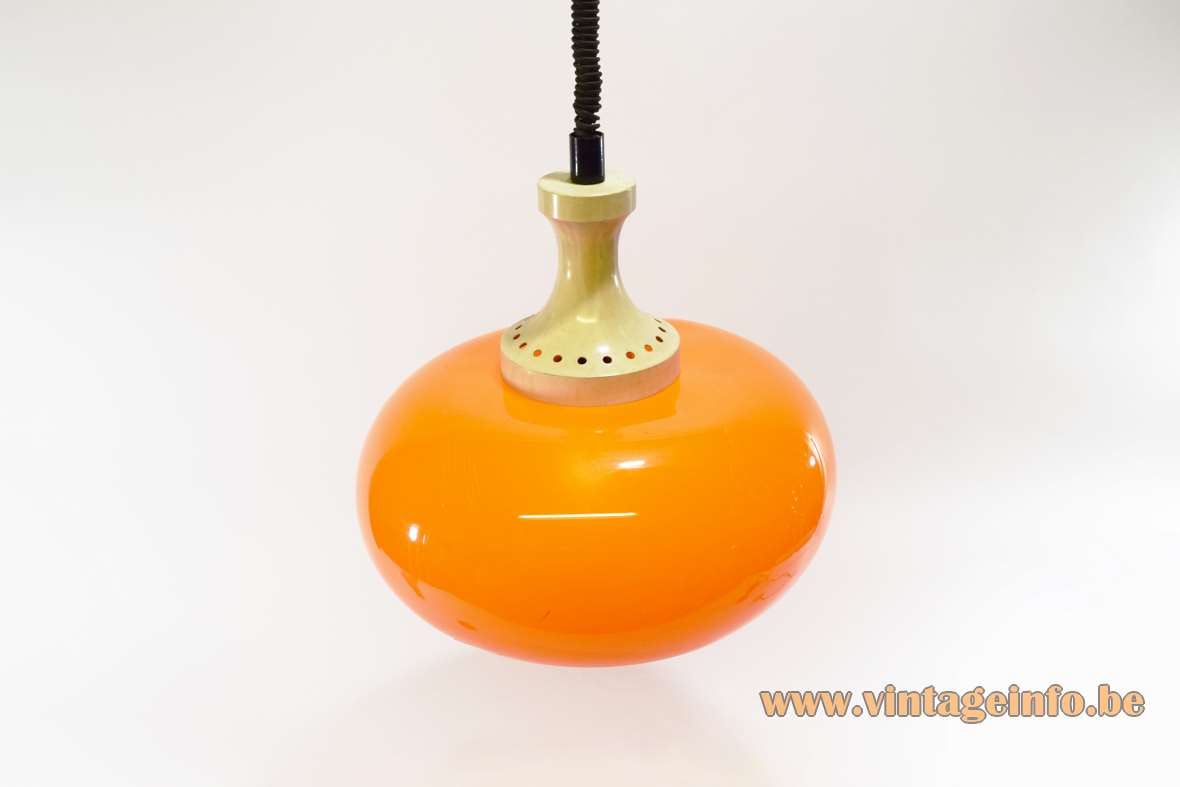 1970s orange acrylic rise & fall pendant lamp mushroom lampshade Zonca International Spa Italy MCM