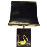 1980s gold swan table lamp rectangular beam black wood base pagoda lampshade kitsch Massive Belgium