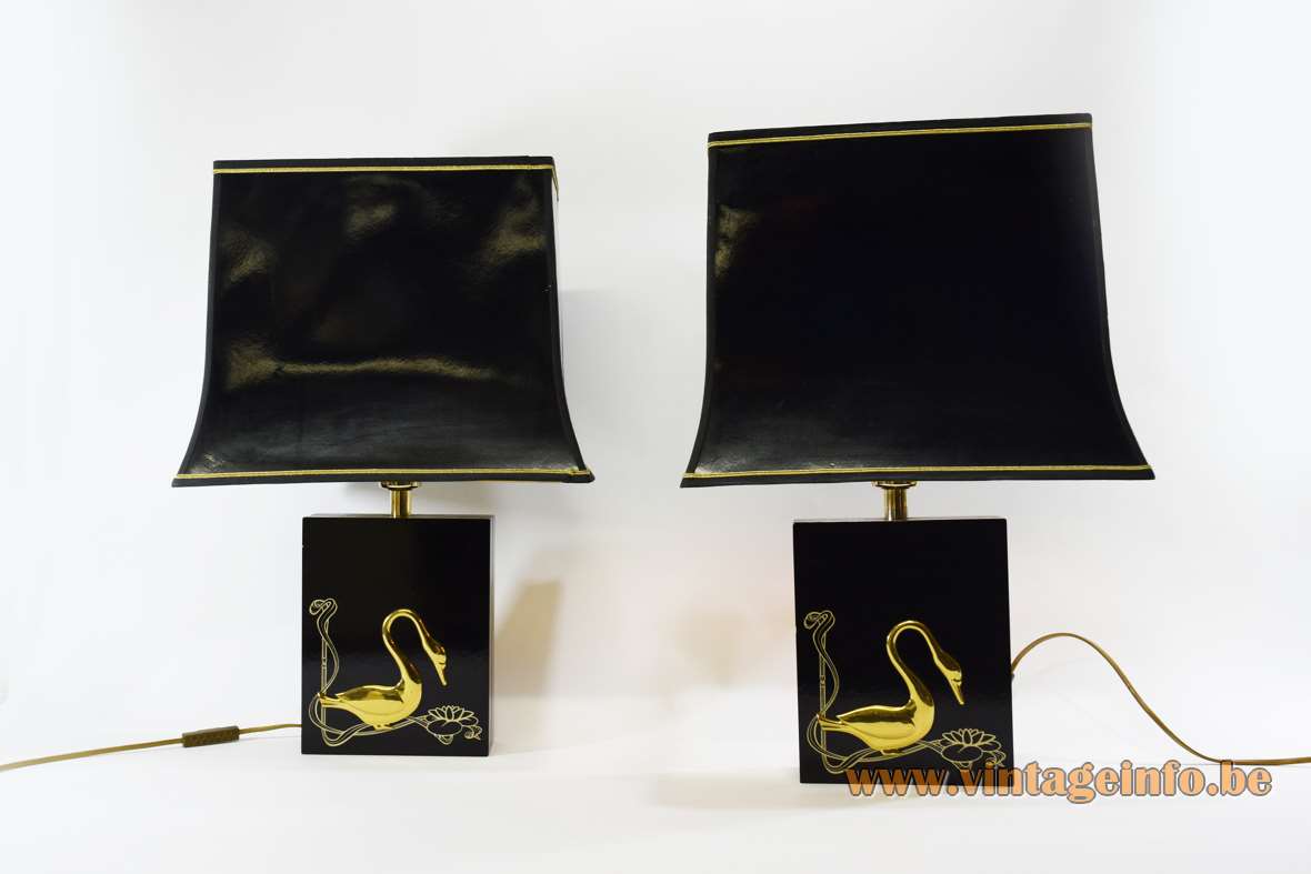 1980s gold swan table lamp rectangular beam black wood base pagoda lampshade kitsch Massive Belgium