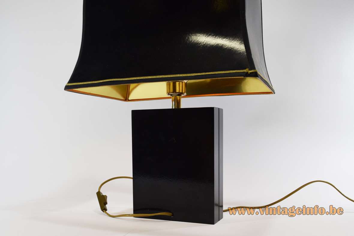 1980s gold swan table lamp rectangular beam black wood base pagoda lampshade kitsch Massive Belgium