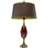 1990s Art Nouveau table lamp moulded brass ostrich egg maroon glass globe fabric lampshade Jugendstil