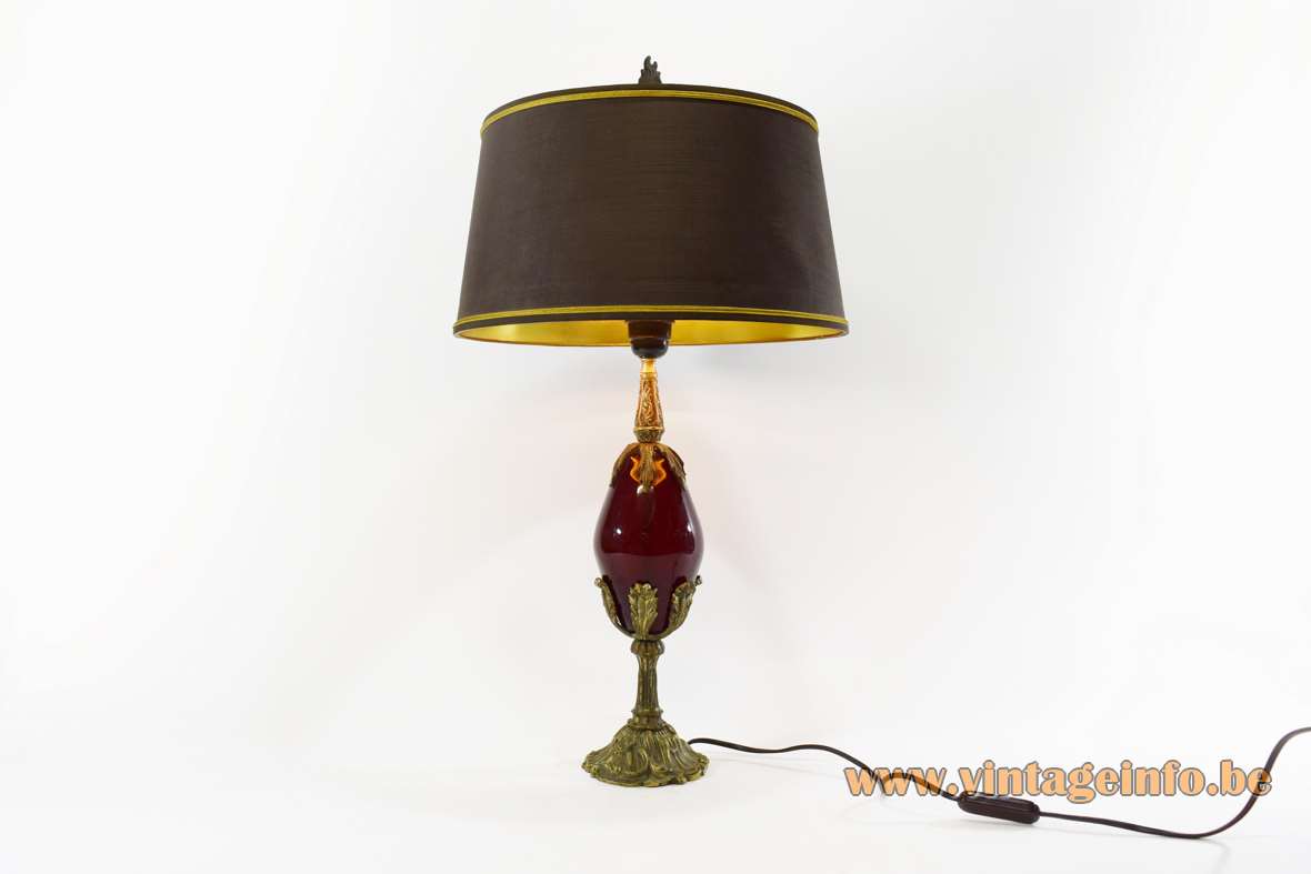 1990s Art Nouveau table lamp moulded brass ostrich egg maroon glass globe fabric lampshade Jugendstil