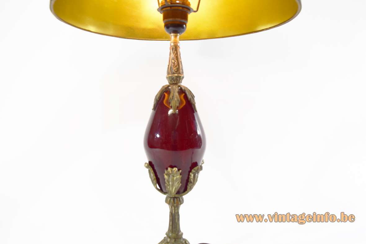 1990s Art Nouveau table lamp moulded brass ostrich egg maroon glass globe fabric lampshade Jugendstil