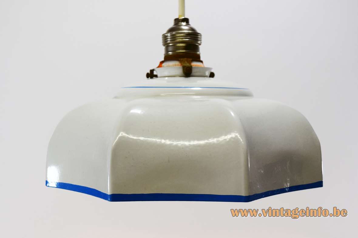 Blue & white enamel pendant lamp pressed metal iron blue rim E27 socket art deco Massive Belgium