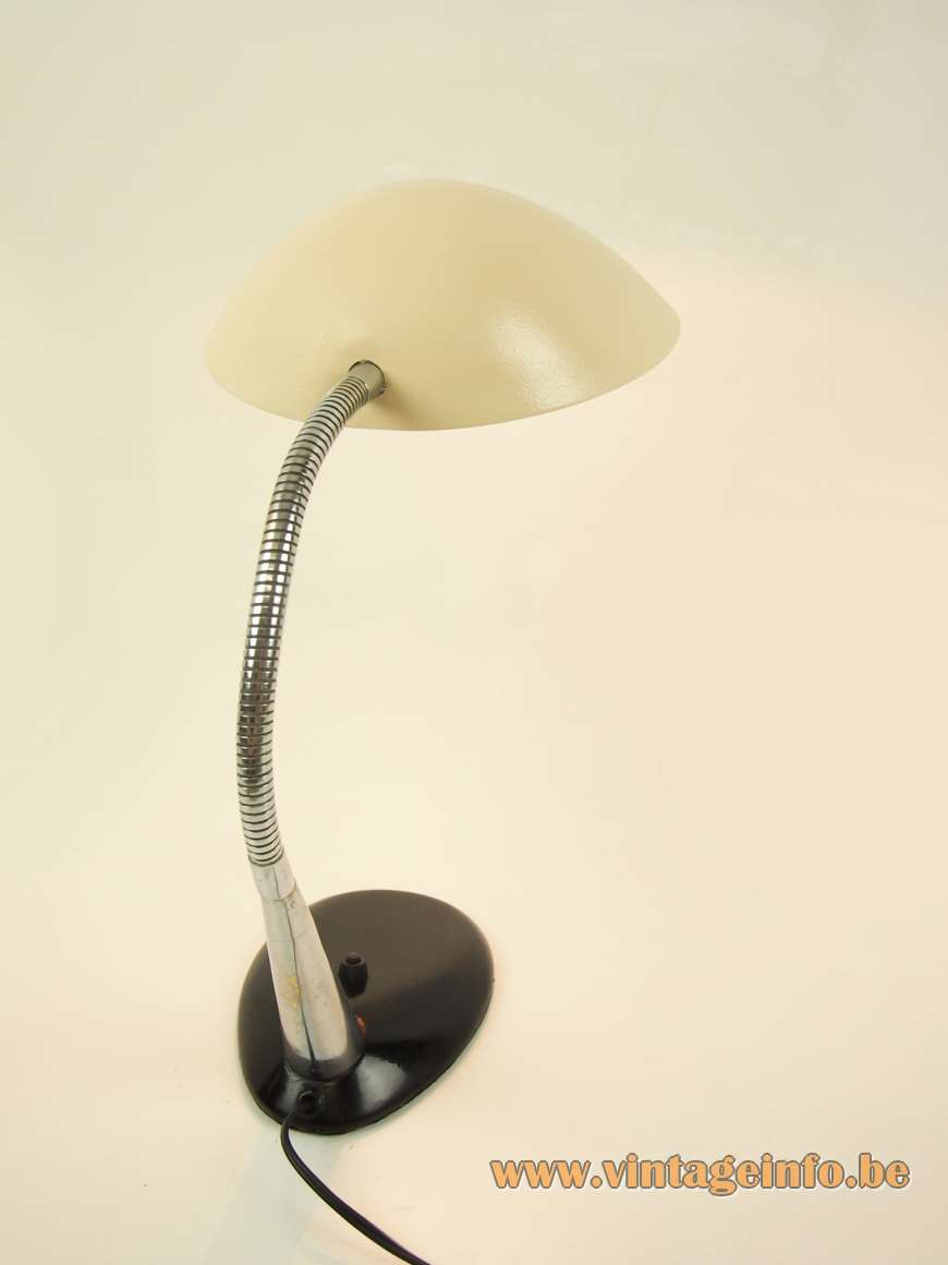  Cosack Gooseneck desk lamp black cast iron oval base chrome goose-neck yellow lampshade 1950s 1960s Germany