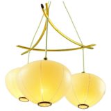 1960s DORIA lampion chandelier yellow amber glass lantern globes Mikado curved brass rods 1950s Germany