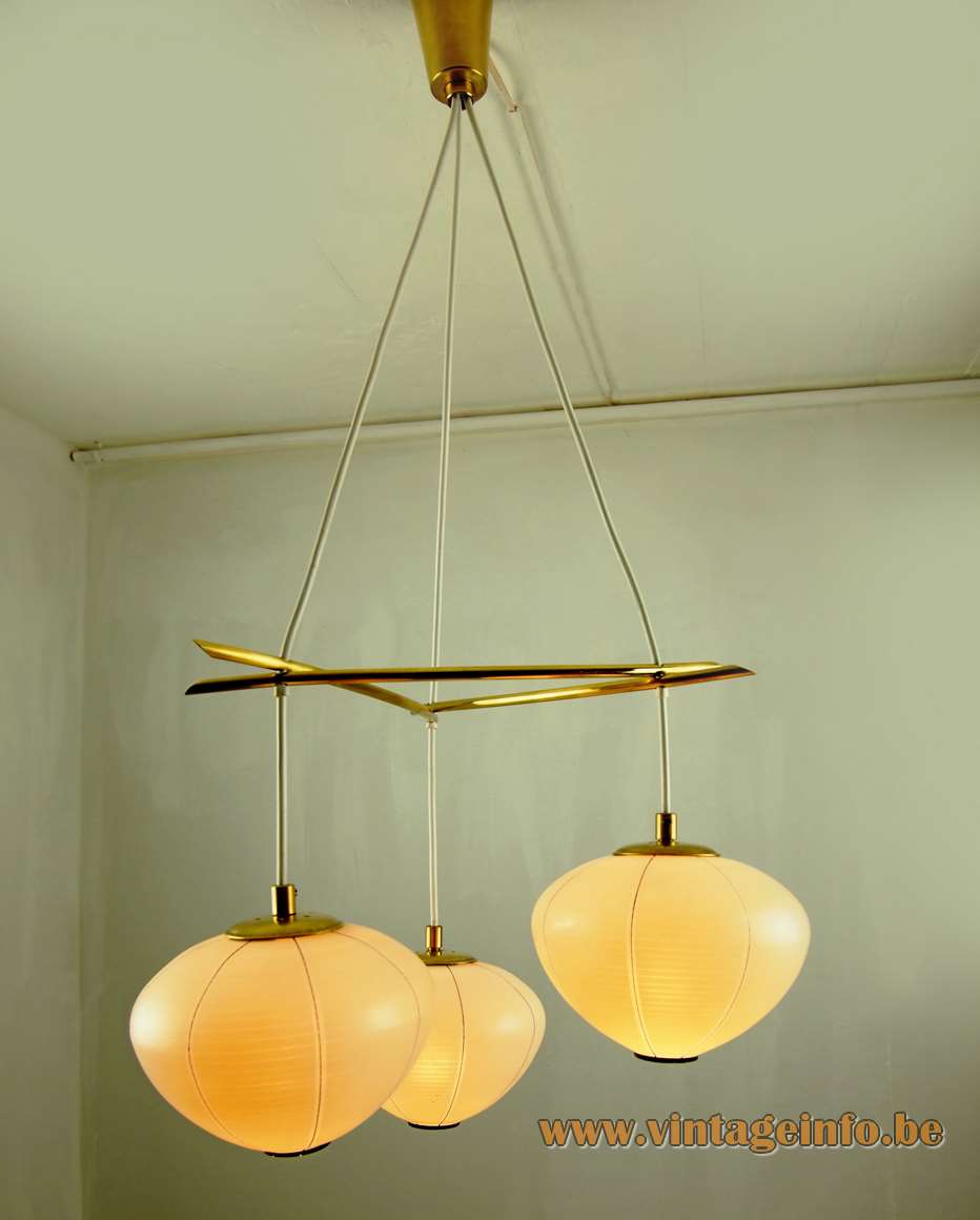 1960s DORIA lampion chandelier yellow amber glass lantern globes Mikado curved brass rods 1950s Germany