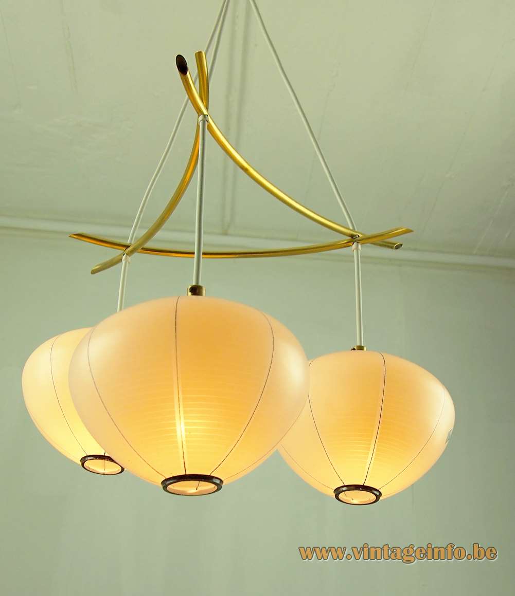 1960s DORIA lampion chandelier yellow amber glass lantern globes Mikado curved brass rods 1950s Germany