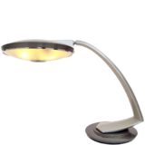 Fase Boomerang 2000 desk lamp round metal base silver curved rod UFO lampshade glass diffuser 1960s