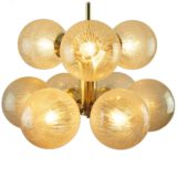Kaiser Leuchten 9 globes chandelier amber embossed glass brass rods conical tubes sputnik 1970s Germany