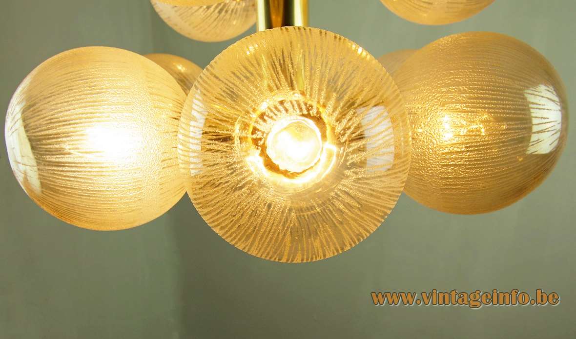 Kaiser Leuchten 9 globes chandelier amber embossed glass brass rods conical tubes sputnik 1970s Germany
