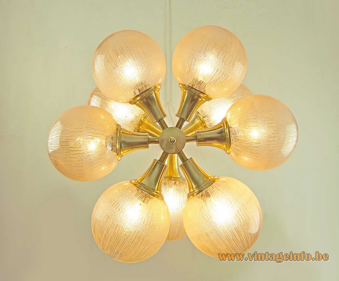 Kaiser Leuchten 9 globes chandelier amber embossed glass brass rods conical tubes sputnik 1970s Germany