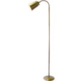 Paavo Tynell brass floor lamp round base long rod perforated conical lampshade Taito Idman Finland 1950s