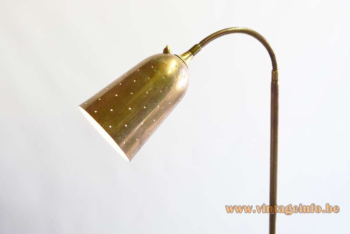 Paavo Tynell brass floor lamp round base long rod perforated conical lampshade Taito Idman Finland 1950s