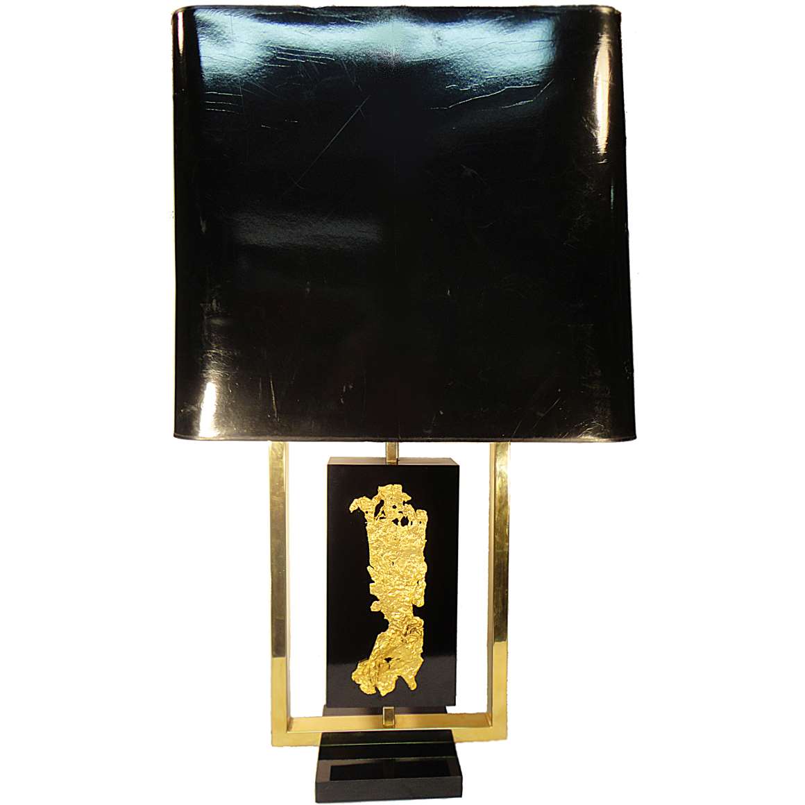 Philippe Cheverny gold table lamp black wood square brass rods postiche stream gold 1970s Hollywood Regency