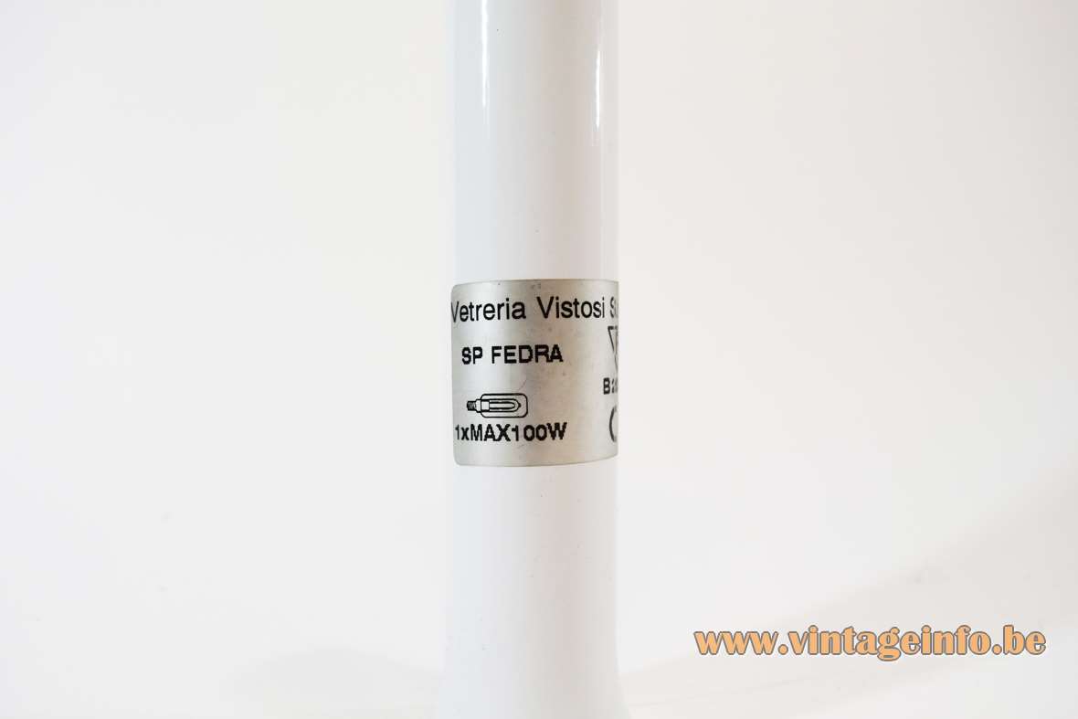Vetreria Vistosi Fedra pendant lamp conical frosted opal glass tube brushed aluminium top E27 socket label